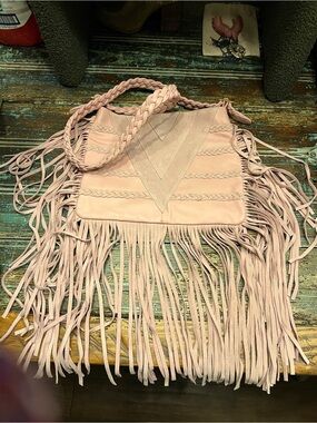 Fringed Shoulder Bag in Blush Pink with Braided Strap